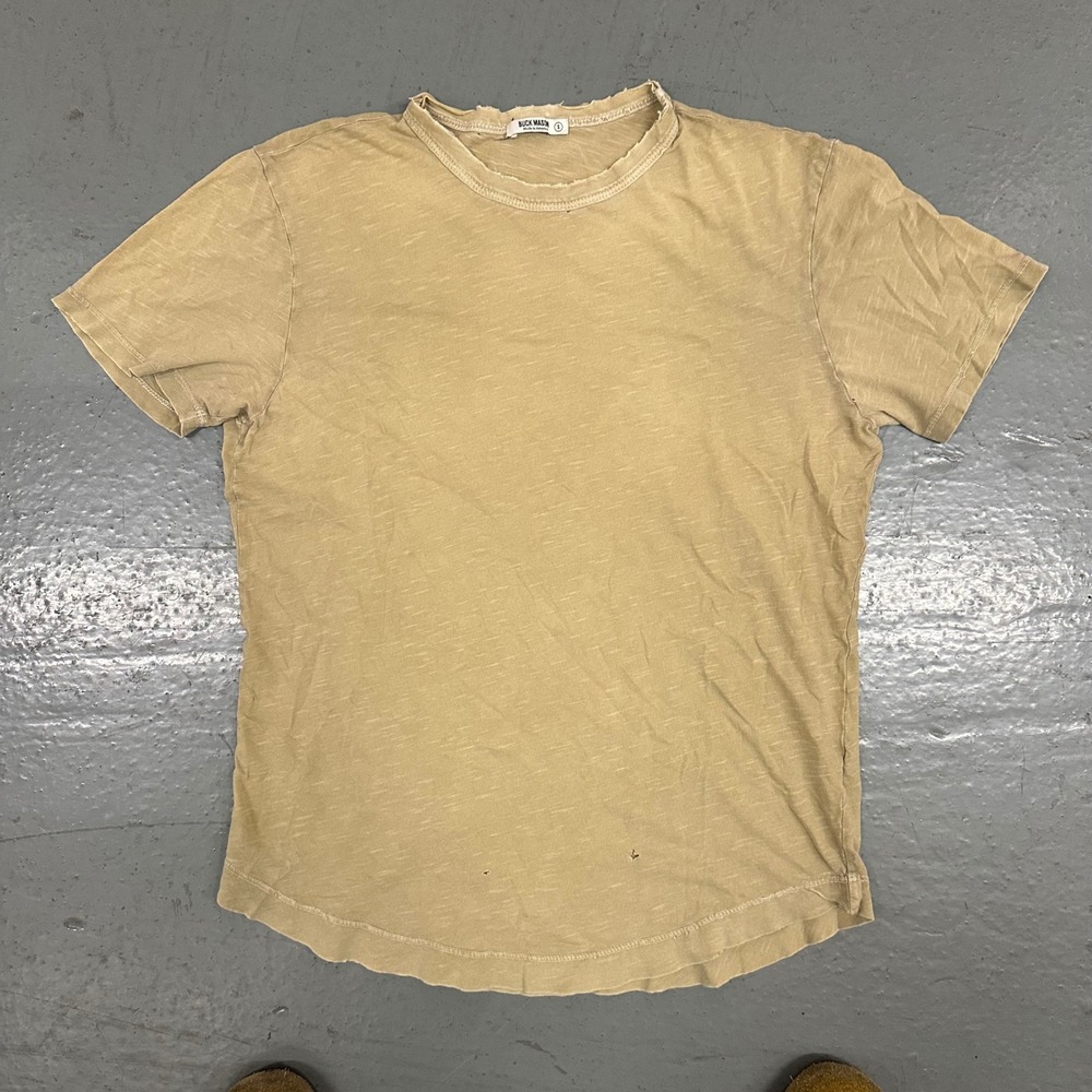 Buck Mason Mens Slub Curved Hem Tee Small Tan Preowned Stains Holes